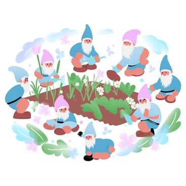 A lush garden is filled with an assortment of tiny gnomes, each engaged in various activities related to gardening. Some gnomes are kneeling beside vibrant flowers, gently watering them with small watering cans. Others are tending to rows of vegetables, carefully inspecting the plants. A variety of colorful flowers, including daisies and tulips, bloom in clusters throughout the garden. Rows of leafy vegetables, such as carrots and lettuce, can be seen nestled in the soil. The gnomes are wearing colorful hats and outfits, adding to the lively atmosphere. Butterflies flutter around, enhancing the scene's charm.