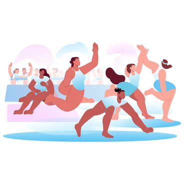 A group of young gymnasts is performing a synchronized floor routine on vibrant, colorful mats. The gymnasts are in mid-motion, showcasing various poses and movements that highlight their athleticism and coordination. Each gymnast is wearing a different leotard in bright colors, adding to the lively atmosphere of the scene. The mats underneath them feature a mix of pastel gradient colors, enhancing the visual appeal of the performance. In the background, a cheering audience can be seen, further emphasizing the energy of the event.