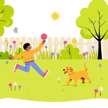 A young child named "Lou" is throwing a bright red ball in a green backyard filled with colorful flowers. A joyful dog, with golden fur and a wagging tail, is running excitedly after the ball. The sun is shining brightly, casting cheerful shadows on the grass. Various trees with lush green leaves surround the scene, and a wooden fence can be seen in the background. A butterfly flutters nearby, adding a touch of liveliness to the atmosphere.