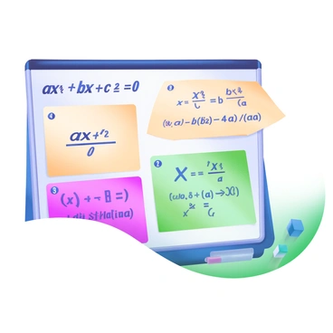 A collection of colorful sticky notes arranged on a whiteboard, each displaying a different step in the solution of a quadratic equation. The first sticky note shows the equation "ax^2 + bx + c = 0" in bold lettering. The second note illustrates the formula for the quadratic equation, "x = (-b ± √(b² - 4ac)) / 2a". The next notes break down the steps, including calculations for the discriminant and the substitution of values for a, b, and c. Each note is in a distinct pastel color with neatly written equations and diagrams, creating a cohesive and visually appealing presentation of the solution process.