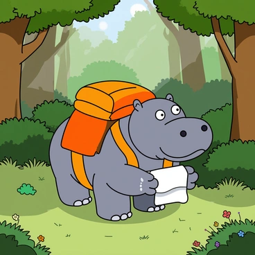 A curious hippopotamus with a smooth gray skin is wandering through a dense forest filled with tall green trees and thick bushes. The hippopotamus has a friendly expression on its face, with its big round eyes wide open in wonder. It is wearing a brightly colored backpack, which is strapped securely to its back, and is holding a crumpled map in its small front paws. The ground is covered with green grass and small colorful flowers peeking through. Sunlight filters through the leaves above, casting playful shadows around the hippopotamus as it explores its surroundings.