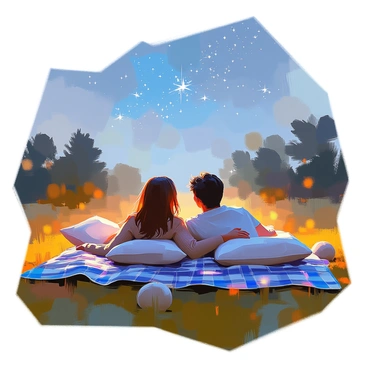 A couple lying on a soft, plaid blanket spread out on the grass, gazing up at a clear night sky filled with twinkling stars. The woman has long, wavy hair and is wearing a comfortable sweater, while the man has short hair and is dressed in a casual t-shirt. They are lying closely together, with their heads resting on each other's shoulders. The blanket is adorned with a few scattered pillows, and the couple is surrounded by a lush landscape illuminated by the gentle light of the stars. In the distance, silhouettes of trees can be seen against the night sky.