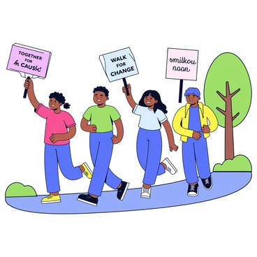 A group of four diverse individuals participating in a charity walk. Each person holds a colorful banner with uplifting messages such as "Together for a Cause" and "Walk for Change." One person is wearing a bright red t-shirt, another has on a light green shirt, the third is dressed in a blue tank top, and the last person wears a yellow hoodie. They are walking along a paved path surrounded by trees and grass, with smiles on their faces as they support the cause.