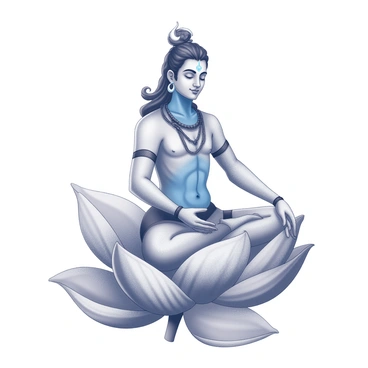 A figure of Shiva, depicted with a blue neck, is seated gracefully on a large lotus flower. His expression is serene and focused, capturing a sense of meditation. The figure has a crescent moon positioned in his hair, adding to his divine appearance. Surrounding the lotus are intricate details of leaves and petals, enhancing the ethereal quality of the scene. The overall composition conveys a sense of calm and tranquility, highlighting the central figure's presence.