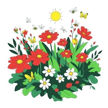 A vibrant garden filled with an array of colorful flowers in full bloom. The flowers exhibit various shapes and sizes, with petals in shades of red and yellow. Busy bees are buzzing around, collecting nectar, while delicate butterflies flutter gracefully among the blossoms. A lush green backdrop enhances the scene, creating a lively atmosphere as nature is in full swing. The sun casts a warm glow, illuminating the vivid colors of the flowers and the graceful movements of the bees and butterflies.