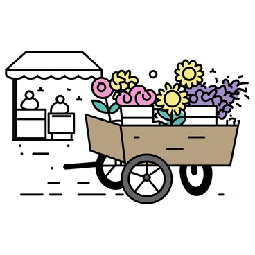 A vintage wooden cart, with a weathered finish, filled with an assortment of fresh flowers in vibrant colors. The cart has two large wheels and a handle, standing on a cobblestone market area. The flowers include bright red roses, sunny yellow sunflowers, and delicate purple lavender, all arranged in rustic buckets. The background features a simple market setting with stalls and customers browsing nearby.