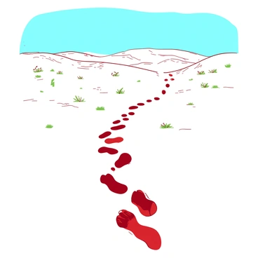 A red trail of footprints starts at the bottom of the image and leads away into a vast desert landscape. The footprints are deep and clear, contrasting against the pale sand. In the distance, gentle dunes rise and fall under a bright blue sky. Sparse vegetation, like small green shrubs, can be seen scattered throughout the sandy terrain. The sun casts long shadows from the footprints, emphasizing the solitude of the scene.