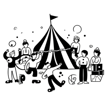A group of children dressed as clowns and performers is gathered under a large circus tent. The children are wearing colorful costumes with oversized shoes and playful accessories. Some are holding juggling balls, while others have colorful ribbons in their hands. In the background, there are circus props like a unicycle, a large drum, and a stack of brightly painted boxes. The atmosphere is lively with various circus elements surrounding the children, creating a festive scene.