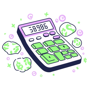 A calculator is placed on a wooden surface, displaying various numbers corresponding to a budget calculation on its screen. The calculator is rectangular with a digital display and several buttons. Surrounding the calculator are multiple money symbols, including dollar signs and euro signs, arranged in a circular pattern. The symbols vary in size, some appearing larger and closer to the calculator, while others are smaller and further away, creating a sense of depth around the calculator.