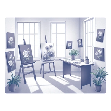 A spacious artist's studio with natural light streaming in through large windows. The walls are adorned with various floral paintings in different styles, showcasing an array of flowers like roses, daisies, and sunflowers. Several canvases are propped against the walls, some partially completed, displaying vibrant blooms. The studio features a wooden easel in the center, holding a blank canvas, with paintbrushes and palettes scattered on a nearby table. A variety of flower pots with live plants are positioned around the room, adding to the atmosphere of creativity and inspiration. The floor is wooden, with paint splatters adding character to the space.