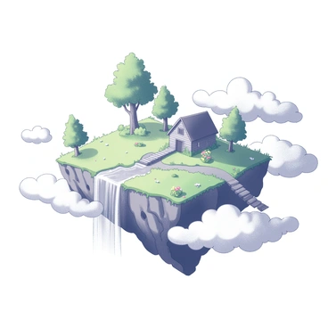 A floating island suspended in the sky, featuring a rugged terrain with lush greenery and a few trees scattered across its surface. The island is surrounded by fluffy clouds, creating a soft contrast against the clear sky. A waterfall cascades from the edge of the island, with water splashing into the air before disappearing into the clouds below. Small, colorful flowers bloom in patches across the grassy landscape. A wooden bridge extends from one side of the island, connecting to a small, whimsical hut made of natural materials. The scene captures the essence of an enchanting world high above the ground.