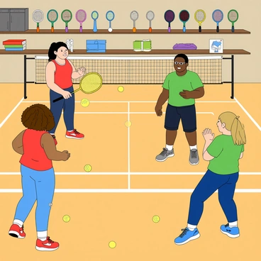 A group of four friends is gathered in a spacious indoor court area of a sporting goods store. One friend, a tall young man with short black hair, is demonstrating a badminton serve while holding a bright yellow racket. Another friend, a young woman with curly brown hair wearing a red tank top and blue leggings, is poised to return the shuttlecock. To her left, a medium-built man with glasses and a green t-shirt is readying himself for a rally, holding his racket upright. The last friend, a girl with straight blonde hair tied in a ponytail, is watching and clapping her hands in encouragement. The court features bright white lines on a wooden floor, and colorful badminton shuttlecocks are scattered around. Several badminton rackets and sports gear are displayed in the background on shelves, adding to the store ambiance.