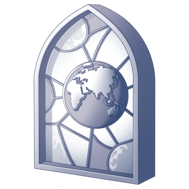 A stained glass window with a prominent design of "Earth" at the center. The globe features detailed continents and oceans, intricately shaped to convey geographical features. Surrounding the Earth are various "abstract patterns," including swirling shapes and geometric figures that create a dynamic composition. The glass pieces differ in size and shape, forming a mosaic-like appearance that enhances the overall visual interest of the window. Light pours through the glass, casting unique shadows and shapes onto the surface below.