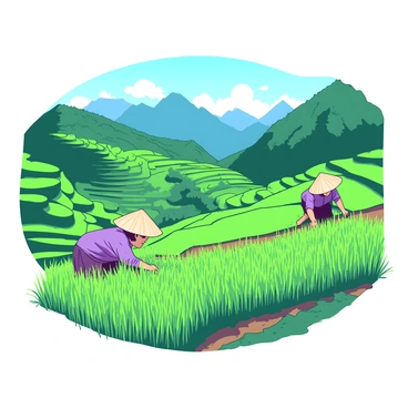A vibrant scene of terraced rice fields in a mountainous region, with lush green paddies cascading down the slopes. Farmers are bent over in the paddies, wearing traditional straw hats and working diligently to tend to the plants. In the distance, steep mountain peaks rise against a clear sky, adding depth to the landscape. The sunlight casts soft shadows across the fields, highlighting the rich texture of the rice plants and the earthy tones of the soil.