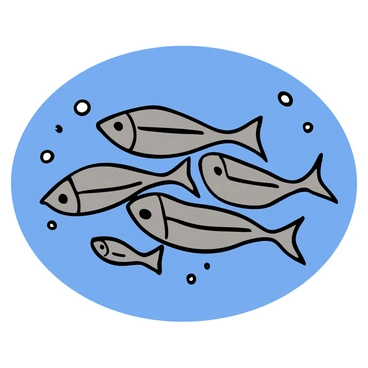 A school of sardines swimming together in the clear blue ocean. The sardines are silver with a slight shimmer, reflecting the sunlight filtering through the water. They are moving in unison, creating fluid, flowing shapes as they dart and glide. Bubbles trail behind them, and the surrounding water is a vibrant blue, enhancing the visibility of the sardines as they navigate through their underwater environment.