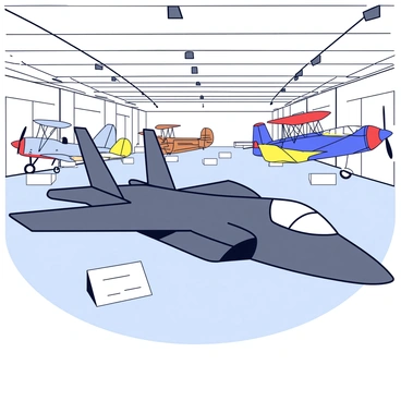 An F35 jet is prominently displayed in the foreground, showcasing its sleek, modern design with angular shapes and a dark gray paint job. Surrounding the F35 are several historical aircraft, including a World War II fighter plane with a bright blue and yellow paint scheme, and a vintage biplane with exposed wooden construction and a red wing. The aircraft are arranged on a polished museum floor, with informational plaques in front of each plane. The museum has a high ceiling with spotlights illuminating the exhibits, creating a focus on the aircraft.