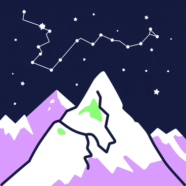 A mountain peak is visible in the foreground, its rugged edges sharply defined against the night sky. The peak is covered in snow, reflecting some light. Above, the night sky is filled with stars, prominently featuring the "Big Dipper," a constellation made up of seven bright stars. In the distance, more snow-capped mountains rise, their silhouettes creating a dramatic contrast with the sky. The serene atmosphere is enhanced by the deep darkness of the night, allowing the stars to shine brightly.
