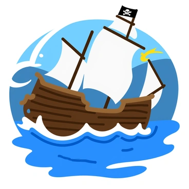 A majestic pirate ship with dark wooden planks and a skull emblem on the flag is sailing through turbulent seas. The ship features large, billowing sails that are white with tattered edges, catching the wind as waves crash against the hull. The sea is a deep blue, with foamy white crests on the waves, reflecting the stormy sky above. In the background, dark clouds swirl ominously, hinting at the tempest, while flashes of lightning illuminate the scene briefly. The ship tilts to one side, showcasing its impressive mast as it navigates the challenging waters.