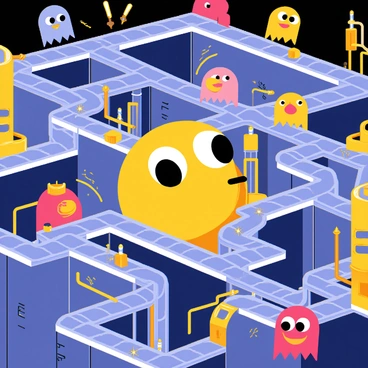 Pac-Man is a yellow, circular character with large eyes, navigating through a complex maze of metallic walls and brightly lit machinery in a robotic factory. The maze has intricate pathways, and various mechanical components, like gears and conveyor belts, are visible throughout. Mechanical ghosts, colored in shades of blue, pink, red, and orange, are pursuing Pac-Man as he skillfully dodges them. Sparks and small lights flicker from the machinery, adding a dynamic feel to the scene.