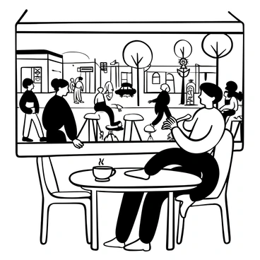 An artist seated at a table inside a cafe, holding a pencil, is sketching a busy urban street scene visible through the window. Outside, there are pedestrians walking along the sidewalk, with some people stopping to converse. Bicycles are parked along the street, and a car is waiting at a traffic light. Trees line the street, their branches lightly swaying, and shop signs are visible in the background. The cafe interior has visible tables and chairs, filled with patrons engaged in conversation. A steaming cup of coffee is placed on the artist's table next to an open sketchbook.