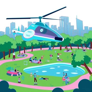 A flying taxi offering a bird's-eye view of a sprawling city park filled with people
