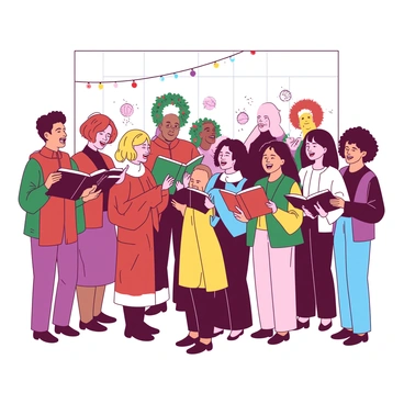 A diverse group of people is standing together, smiling and joyfully singing hymns during an Advent service. The group includes individuals of different ages and ethnicities, showcasing a sense of community and togetherness. They are holding songbooks in their hands and wearing festive clothing. In the background, there are colorful decorations such as strings of lights, wreaths, and ornaments that add to the festive atmosphere. The scene is filled with warmth and joy as the individuals engage in this communal celebration.