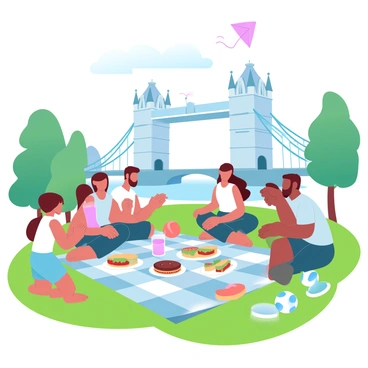 Several families are gathered on a bright green grassy area near London Bridge, enjoying a summer picnic. A picnic blanket is spread out on the grass, filled with an array of colorful food, including sandwiches, fruit, and drinks. Children are playing nearby with a frisbee and a soccer ball, while adults are sitting on the blanket, chatting and smiling. In the background, the iconic structure of London Bridge stands tall, surrounded by vibrant trees and a clear blue sky. A kite can be seen flying high above, adding a playful touch to the scene.