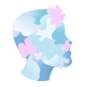 A collage of various magazine cutouts forms the shape of a face. The cutouts include vibrant colors and patterns, such as abstract shapes, floral designs, and textured papers. The composition is layered with different shades and textures that blend seamlessly, creating a unique visual profile. The background features a subtle gradient of pastel colors that enhances the collage's intricate details.