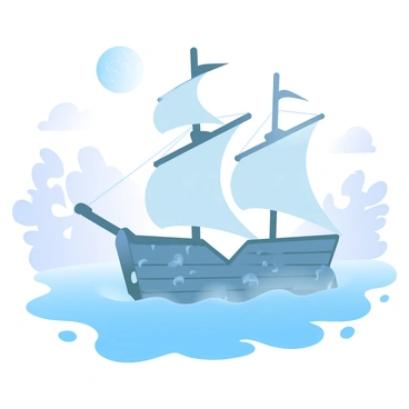 A ghostly pirate ship sailing through misty waters under a full moon