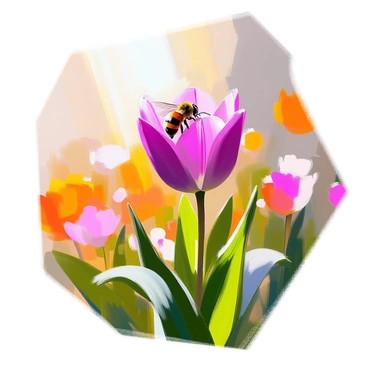 A bee with yellow and black stripes is actively collecting pollen from a vibrant, rare tulip with deep purple petals. The tulip is standing tall amidst a lush green garden filled with various flowering plants. Sunlight shines brightly overhead, illuminating the scene and casting gentle shadows on the ground. The garden is alive with color, with blooming flowers in the background, creating a lively atmosphere as the bee buzzes from petal to petal.