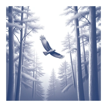 A buzzard flying low through a dense, green forest.