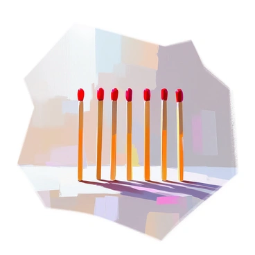 A row of identical matchsticks standing tall in a straight line. Each matchstick is placed upright, with their wooden bodies perfectly aligned and their red tips gleaming at the top. The background features a subtle gradient that enhances the focus on the matchsticks. The surface beneath them is smooth and slightly reflective, adding depth to the scene. Shadows cast by the matchsticks add dimension to the arrangement.