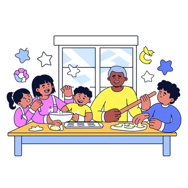 A kitchen with a wooden table where a family is baking cookies. The family consists of a mother, father, and two children. The mother is mixing dough in a large bowl, while the father is rolling out the dough with a wooden rolling pin. The children are laughing and playfully throwing flour in the air, creating a light cloud of white flour around them. Cookie cutter shapes, like stars and hearts, are scattered on the table along with a tray lined with uncooked cookies. Bright sunlight filters through a window, illuminating the joyful scene.