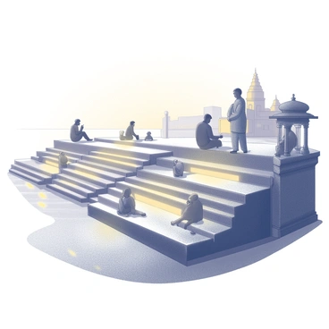 The Ganges riverbank is lined with traditional stone steps leading down to the water. Soft warm lights illuminate the area, casting gentle glows on the surroundings. Silhouettes of people can be seen sitting and standing along the steps, some engaged in quiet conversation while others are lost in contemplation. The water reflects the subtle light, creating a serene atmosphere. In the background, there are structures with intricate architecture, enhancing the scene's cultural richness.