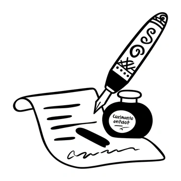 A close-up of a fountain pen with intricate designs on its barrel, poised above an ink bottle with a classic round shape. The ink bottle features a label with elegant text. Beside the pen and bottle, there is a partially unrolled contract with lines of text visible. The contract is slightly creased, suggesting it has been handled before. A small ink droplet is forming at the tip of the pen.