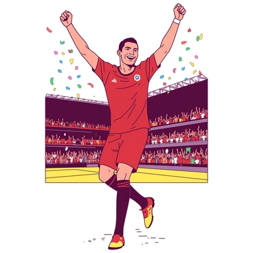 Cristiano Ronaldo is depicted in his complete football uniform, showcasing his team's colors. He stands with his right leg raised and his arms extended high above his head in his iconic 'Siii' celebration pose. His facial expression conveys exuberance and triumph, with a wide smile. The background consists of a vibrant stadium filled with cheering fans, as colorful confetti rains down around him, enhancing the celebratory atmosphere.