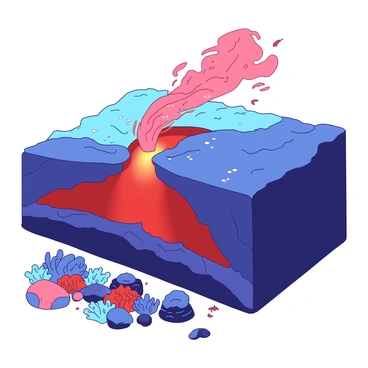 A red thermal plume rises from the mantle at a subduction zone, surrounded by dark, rugged rock formations. The plume is depicted as a wispy, swirling column of heat, contrasting against a backdrop of deep blue ocean waters. The subduction zone is represented by tectonic plates, one sliding beneath the other, with visible fissures and cracks in the earth's crust. In the foreground, there are patches of vibrant coral reefs, adding a burst of color to the scene. Small fish can be seen swimming amidst the corals, while bubbles rise towards the surface from the thermal activity below.