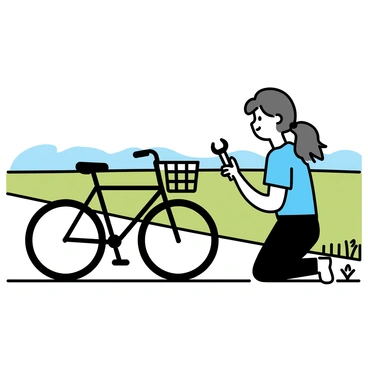 A woman kneeling beside her bicycle on the side of a rural road. She has long brown hair tied in a ponytail and is wearing a light blue t-shirt and dark jeans. The bicycle is a simple design with a black frame and a basket attached to the front. The woman is inspecting the rear wheel, holding a wrench in her right hand. Surrounding her are green fields and a clear blue sky. A few small wildflowers are blooming by the edge of the road.