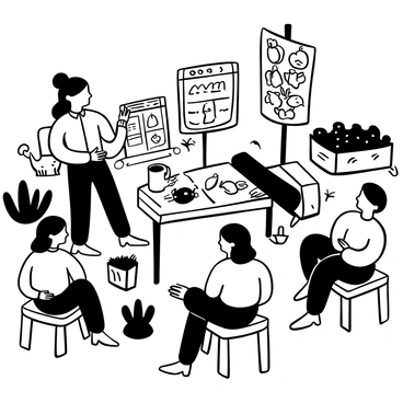 A teacher standing beside a wooden table in a school garden, surrounded by various fresh vegetables. The teacher is holding a book open to a page illustrating plant biology, pointing to the drawing. There are colorful charts about plant anatomy displayed on stands nearby. In the background, several garden beds filled with growing vegetables can be seen, with sunlight casting shadows across the ground. Students are gathered around, attentively observing the lesson, with some taking notes in notebooks placed on their laps. A few watering cans and gardening tools are scattered around the area.