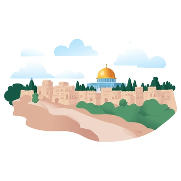 A wide view of a landscape featuring the city of Jerusalem, with rolling hills in the foreground. In the distance, the iconic "Dome of the Rock" stands prominently, shining under a clear sky. The dome is glimmering with golden hues, reflecting sunlight. Surrounding the dome are stone buildings with a blend of historical architecture, adorned with intricate details. Lush greenery is visible in the landscape, contrasting with the warm tones of the stone structures. Soft clouds drift lazily across the sky, enhancing the tranquil atmosphere of the scene.