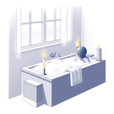 A bathroom scene with a large bathtub filled with bubbles. A person is comfortably reclining in the tub, with only their head and shoulders visible above the foam. Several lit candles are placed around the edge of the tub, casting soft shadows on the wall. The atmosphere is tranquil, with a few bath accessories like a towel and a soap dish neatly arranged nearby. A window is partially open, allowing a gentle breeze to move the sheer curtains.