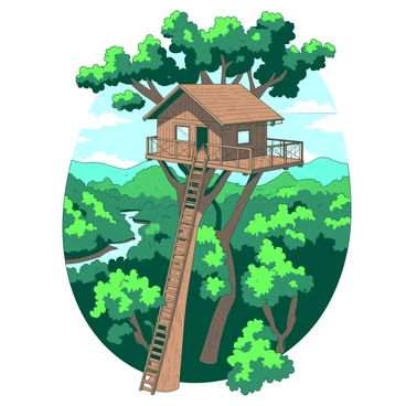 A tall treehouse made of wooden planks is nestled high in the green canopy of the jungle. The treehouse has a wooden ladder leading up to it and features a wraparound balcony with railings. From the balcony, there is a panoramic view of the lush jungle below, filled with various trees and vibrant foliage. In the distance, you can see a river winding through the thick greenery. The sky above is clear, allowing sunlight to filter through the leaves, casting playful shadows on the treehouse.