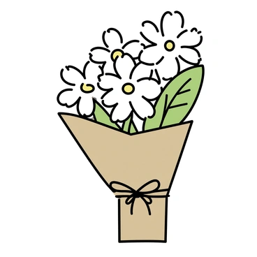 A bouquet of flannel flowers, featuring delicate white petals with a soft texture, is wrapped in rustic brown paper. The paper is tied with a simple twine, adding a natural touch. The bouquet includes a few green leaves peeking out from the sides, completing the earthy aesthetic.