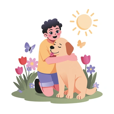 A child with curly hair is kneeling on the grass, embracing a fluffy golden retriever puppy. The child is wearing a bright yellow t-shirt and denim shorts. The puppy has a playful expression, with its tongue hanging out and its ears flopping. Surrounding them is a sunny garden filled with colorful flowers, including red tulips and blue daisies. A butterfly is fluttering nearby, adding to the cheerful atmosphere. The sun is shining brightly, casting soft shadows on the ground.