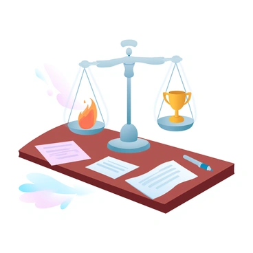 A scale is placed on a wooden desk, with one side holding a symbol representing "risk," depicted as a fiery flame. The other side is balanced by a symbol representing "reward," shown as a golden trophy. Papers and a pen are scattered across the desk, and there is a soft light illuminating the scene, casting gentle shadows from the scale and objects on the surface.
