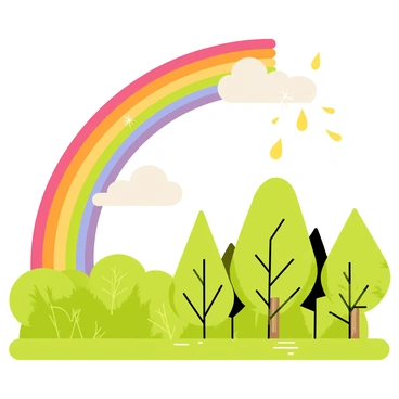 A vibrant rainbow stretching across the sky with distinct bands of color, including red, orange, yellow, green, blue, and purple. Below the rainbow, a lush green forest is visible, with tall trees and a variety of foliage glistening with droplets of water from a recent rain shower. Gentle sunlight breaks through the clouds, illuminating the scene and creating a bright, cheerful atmosphere. The ground is slightly damp, with small puddles reflecting the colorful rainbow above.