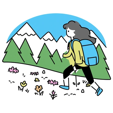 A young woman with long, dark hair is hiking up a scenic trail. She is wearing a light blue backpack and a green jacket. In the background, there are tall mountains with snow-capped peaks under a clear blue sky. The trail is surrounded by lush green trees and colorful wildflowers, adding vibrant detail to the landscape.