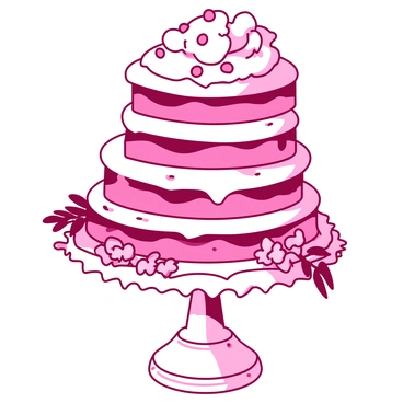 A pink layered rhubarb cake with white frosting is displayed on a white decorative cake stand. The cake has multiple tiers, each layer showcasing the vibrant pink of the rhubarb filling. The frosting is artistically swirled on top, adorned with small pink and white edible decorations. Around the base of the cake, there are delicate pink flowers and green leaves, enhancing the overall presentation. The cake stand features intricate designs, adding elegance to the display.