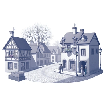 A quaint historic village featuring cobblestone streets winding through the center. On either side, there are charming houses constructed from aged stone and timber, each displaying unique architectural details such as decorative eaves and small balconies. The houses vary in size, with some having narrow windows adorned with flowers. Small streetlamps line the pathways, casting gentle light. In the background, there are trees with a textured bark, adding to the village's character. A few villagers can be seen engaged in conversation.