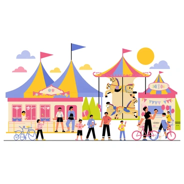 A vibrant country fair scene featuring a colorful carousel with ornate horses and bright lights, spinning joyfully in the background. There are several stalls selling fluffy pink and blue cotton candy, adorned with cheerful banners. Families are scattered throughout the fair, with parents and children laughing and enjoying the various attractions. Some kids are holding cotton candy, while others are playing games or riding bicycles. The sun is shining, casting a warm glow over the entire scene, enhancing the festive atmosphere.